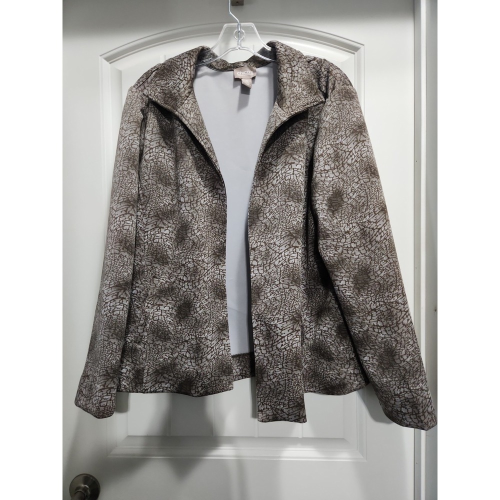 Chicos Open Front Jacket Size 3 Brown Taupe Animal Print Lightweight Stretch